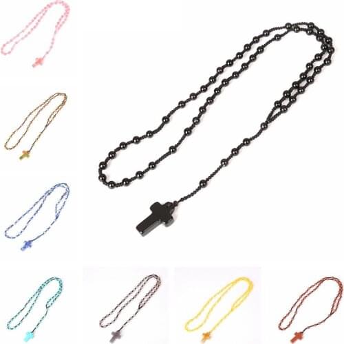 Ethnic Natural Stone Crystal Cross Necklace Pendant For Women Sweater Chain Men Religion Necklace Jewelry Gift