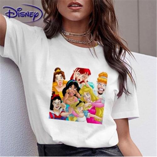 Disney T-shirt ladies cartoon princess ladies summer short regular T-shirt O-neck pure cotton white top T-shirt loose hot sale