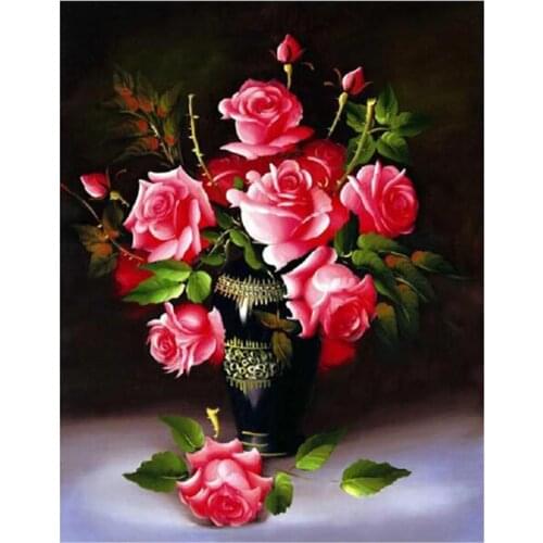 5D Round Stone Pink Rose Knitting Needles Flower Diamond Painting Cross Stitch Embroidery Mosaic Home Decoration FC552