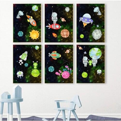 Cartoon Astronaut Planet Space Canvas Poster Rocket Nursery Wall Art Print Painting Nordic Wall Pictures For Boy Kids Room Decor