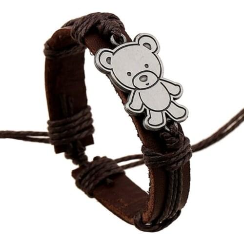 Fashion Cute Bear Bracelet Adjustable Genuine Leather Charm Casual Bangle Wrap Vintage Retro Wristbands Women Kids Jewelry Gift