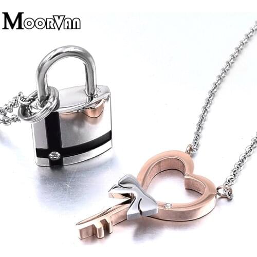 Moorvan New Pendant Heart Key Lock Necklace For Lovers fashion s.steel couple jewelry top quality for women & men free shipping
