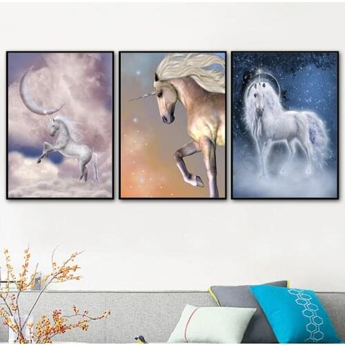 Moon Night Star Crystal Unicorn Animals Posters Prints Wall Art Canvas Painting Pictures for Living Room Cuadros Decoration