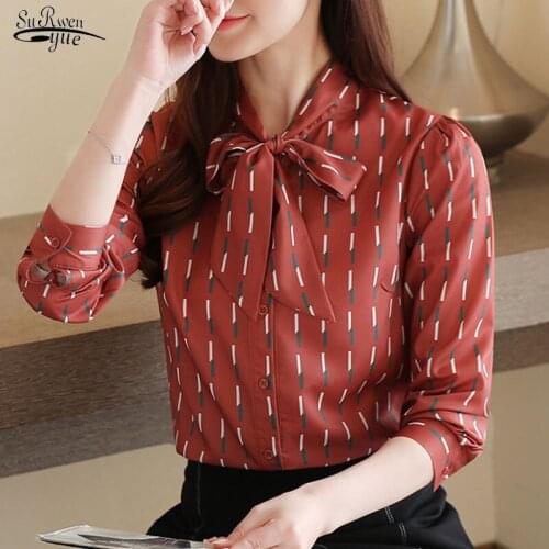 2020 Autumn New Red for Women Bow Tie Chiffon Blouse Women Blouse and Tops Slim Cardigan Bottoming Shirt Chemisier Femme 10749