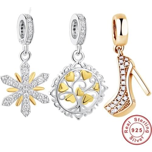 Fit Original Charm Bracelet 925 Sterling Silver Dangle Charm Gold Snowflake Family Tree Bee Crystal Beads DIY Jewelry