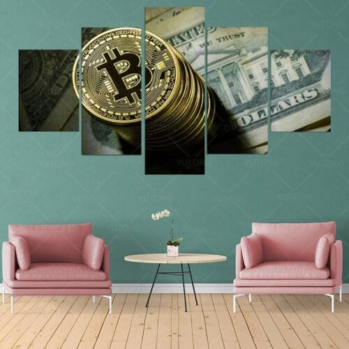 Bitcoin Cryptocurrency Money Poster & Prints 5 Pieces Wall Art for Living Room Painting Home Bedroom Childrens Room Decor Frame