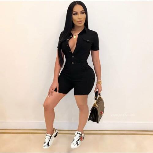 Casaul Women Jumpsuit Deep V-neck With Bottom Solid Color Sportwear Short Sleeve Short Romper Women Jumpsuit Outfit