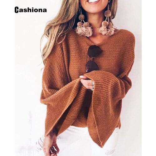 2020 Fashion Pullovers Women Autumn Casual Loose Sweater Fared Sleeve Round neck Leisure Knitted Sweaters Winter Warm Clothes