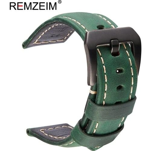 REMZEIM Handmade Crazy Horse Genuine Leather Strap 20mm 22mm 24mm 26mm Sport Watchbands Watch Accessories With Steel Buckle