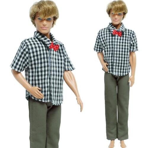 1 Set Fashion Men Outfits Bowknot Plaid Short-Sleeved Shirt Trousers Casual Wear Clothes Accessories for Barbie Doll Ken Toy