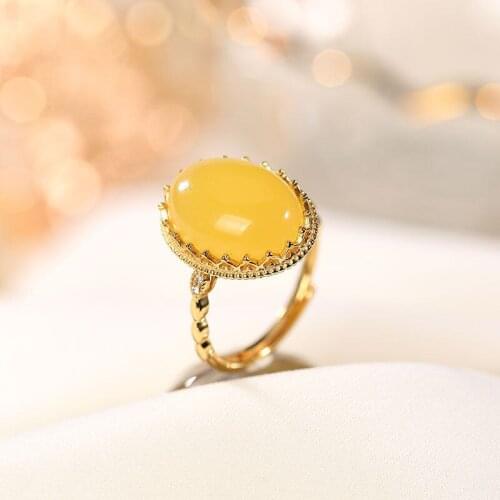 S925 Sterling Silver Oval Ring Natural Amber Ring Elegant Heart Pattern Womens Open Ring Ornament