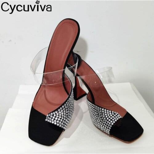 PVC Belt Thong Sandals Rhinestone Square Toe Goblet Cup Heel Shoes Women Casual Party Sexy Mules Female Slippers Ladies Shoes