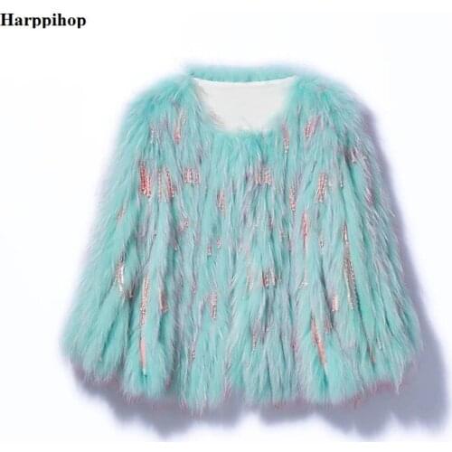 New Natural raccoon fur fox Fur Coat Womens Top Fashion Knitted white raccoon fur Coat tassel decorection metal strip H82605