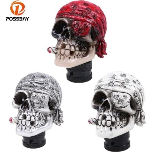 POSSBAY Red/Gray/White Cap Gear Shift Knob Carved Skull Universal Car Gear Stick Shift Knob Cover Interior Decoration