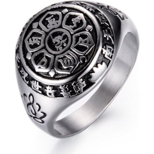 Vintage Fashion Gold Color Silver Color Buddha Totem Lotus Sanskrit Transfer Lucky Ring Mens Ring Clothing Accessories