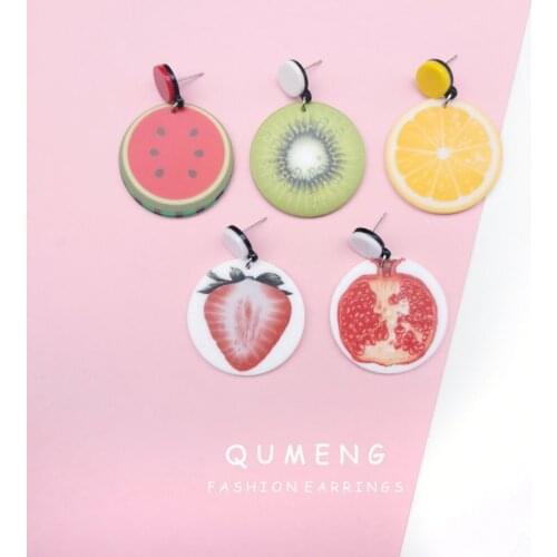 QUMENG 2020 womens earrings Acrylic watermelon/Kiwi/Orange/Strawberry Cute Fruit stud Earrings personality punk sweet Jewelry