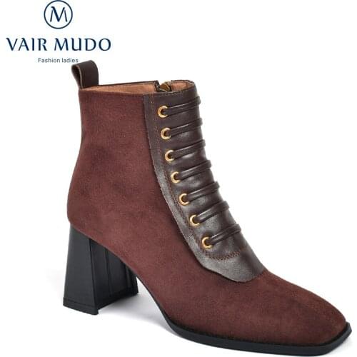 VAIR MUDO Women High Heels Ankle Boots Black Brown Genuine Leather Elegant Fashion Concise Footwear Autumn Winter BootsWM-X259-C