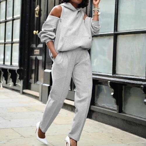 Women Autumn Sexy Hoodie Suit Long Sleeve Open Back Off-shoulder Hooded Hoodie Pants Suit Plus Size 2XL Warm Clothes For Female