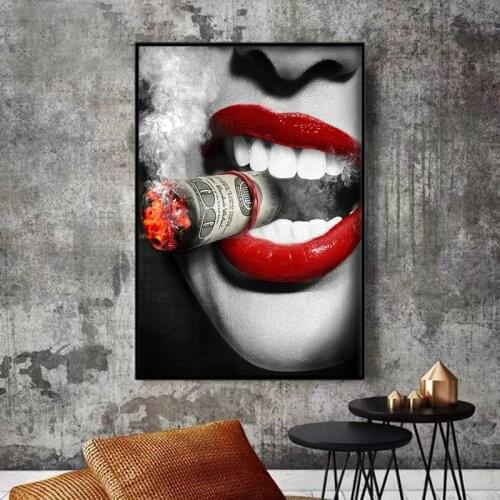 Women Smoking Posters Sexy Red Lips Cool Portrait Oil Paintings on Canvas Bar Wall Decor Hanging Pictures Home Decoration