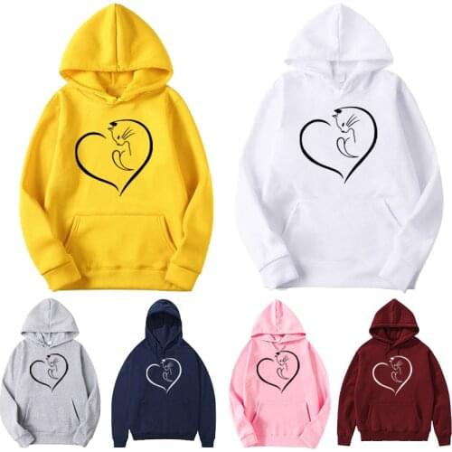Women Loose Hoodies Kawaii Love Cat & Cat Paw Pattern Sweatshirts Womens Autumn Warm Fleece Hoody O-Neck Long Sleeve Sport Tops