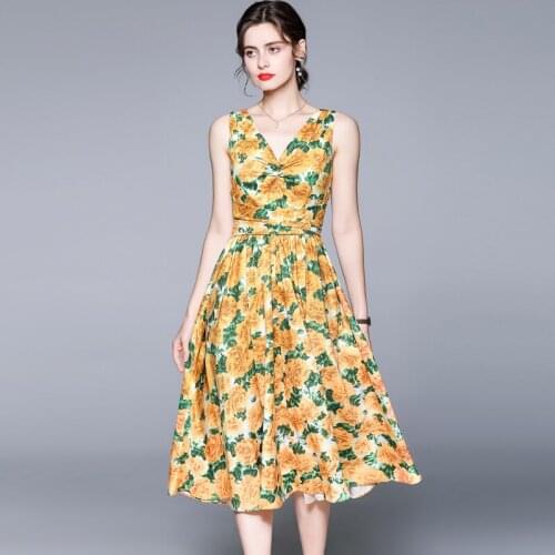 JSXDHK Runway Designer Summer Tank Floral Print Dress Women Sleeveless Poplin Lemon Yellow Flower Lace Up Bow Ball Gown Sundress