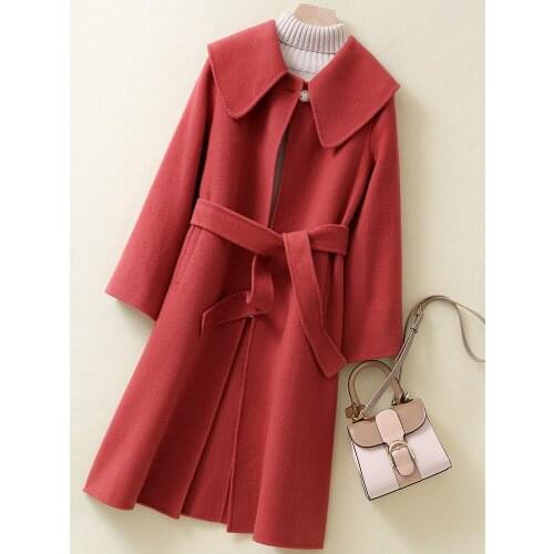 2021 new double-sided cashmere coat female red cloak loose high-end wool Navy collar medium long wool