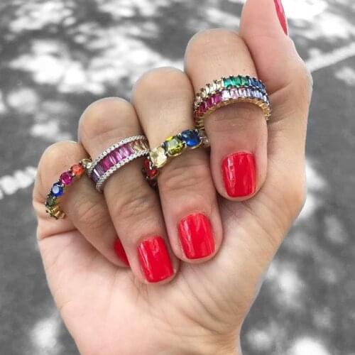 Wholesale Women Band Ring with Silver plated multi color zirconia wedding rainbow cz ring Paved colorful full cz stacking rings