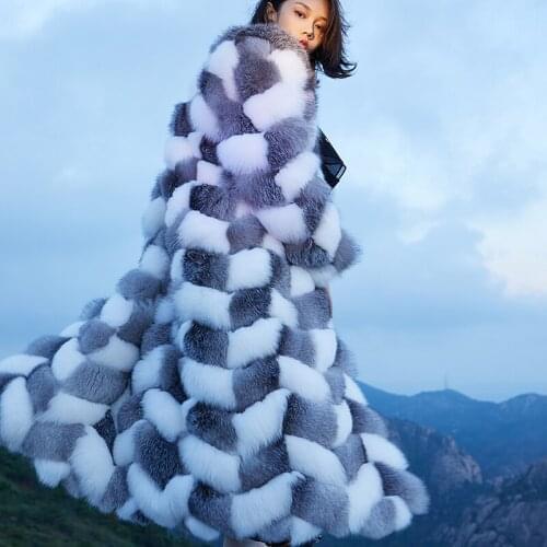 Ladies Winter Long Thickening Natural Silver Fox Fur Coat Patchwork Jacket Warm Outerwear Women Streetwear