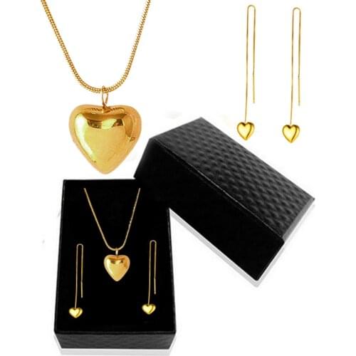 316L Stainless Steel Temperament Simple Golden Peach Heart Necklace Tassel Earring Set Non-fading Ladies Jewelry Set