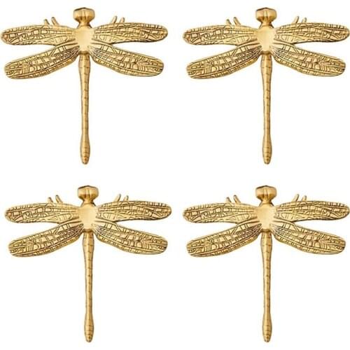 4Pcs Dragonfly Handle Knobs Brass Gold Knobs for Cabinets for Kitchen Cupboard Bedroom Furniture Door (with Screws)