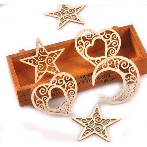 5pcs Moon/Star/heart Natural Wooden Decorations Hanging Pendant Unfinished Wood DIY Craft Supplies Ornaments For Kid Gifts M2577
