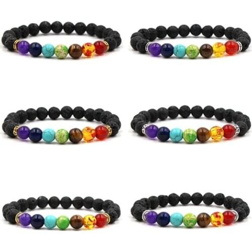 8mm Rainbow 7 Chakra Healing Beaded Bracelet Natural Black Lava Stone Diffuser Bracelet Jewelry Pulseira hombres