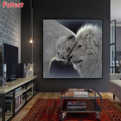 Diamond Painting Black and white animal art, lovers lions Full square Rhinestone of Picture Diamond Valentines Day gift PP2399