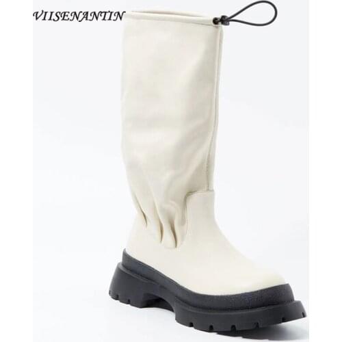 White Stacking Boots Womens Round-toe Platform Platform All-match High Boots Elastic Mouth Folds But Knee Boots Niche Boots
