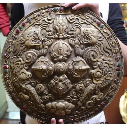 Bi001655 14" Tibet Buddhism 100% Bronze Gold inlay Gem Dragon kylin Fa QI Thangka Tang Ka