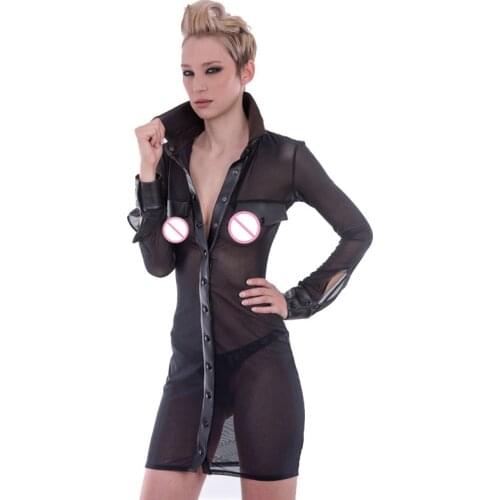 Fetish Dress Sexy Sheer Transparent Mesh Shirt Dress Turn Down Collar See Through Night Party Pole Dance Stripper Clothes M-XXL