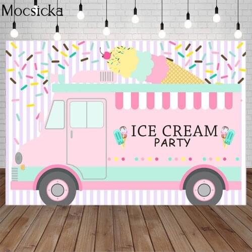 Ice Cream Truck Shop Theme 1st Birthday Backdrop Girl First Birthday Party Pink Background for Photography Decorations Props