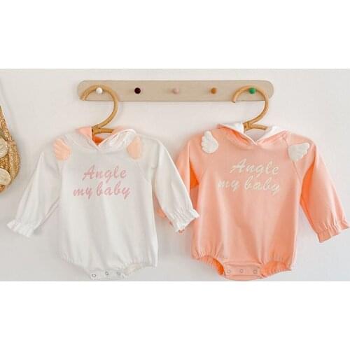 New 2020 Spring Autumn Infant Baby Girls Letter Wing Hooded Rompers Clothing Kids Girl Long Sleeve Rompers Clothes
