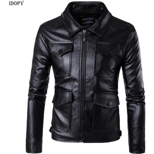 Idopy Autumn Winter Mens Faux Leather Jackets Coats Multi Pockets Motorcycle Jacket and Coat For Male Plus Size M-5XL