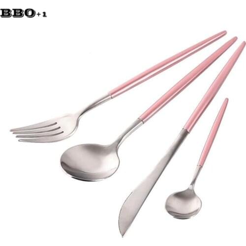 4pcs/set Pink Silver Xmas Cutlery Set Stainless Steel Pink Dinnerware Set Wedding Silverware Table Knives Fork Teaspoon Flatware