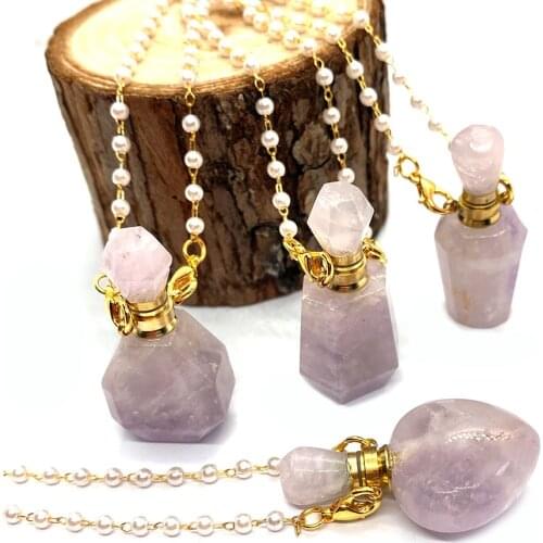 Natural Stone Purple Jade Perfume Bottle Necklace Aroma Diffuser Bottle Ladies Necklace Two-hole Pendant Essential Oil Bottle