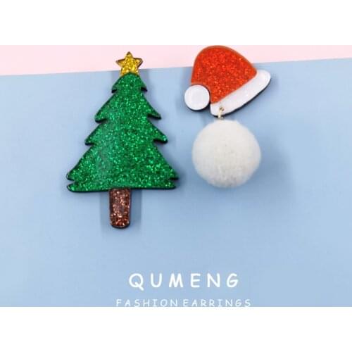 2020 new Creative design asymmetric Christmas tree christmas hat hairball acrylic Stud Earrings for women party jewelry gifts