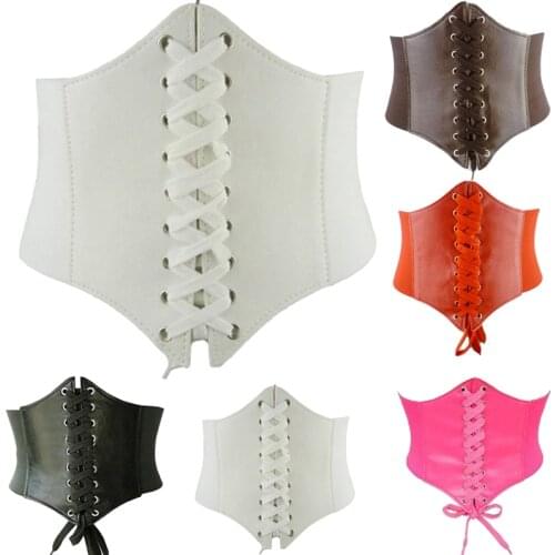 New Hot Womens ultra Plus wide belt Faux Leather Elastic corset Belt Pure Color Front Tie up Waist belt Girl Clothes Decoration