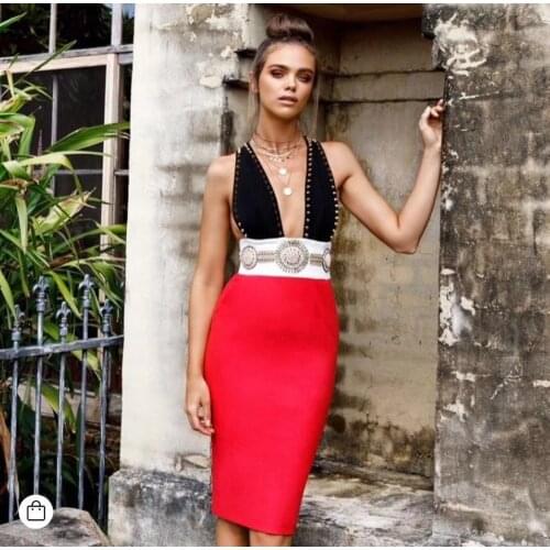 Backless Autumn Sexy Women V-Neck Beading Rayon Bandage Elegant Homecoming Elegant Party Dress