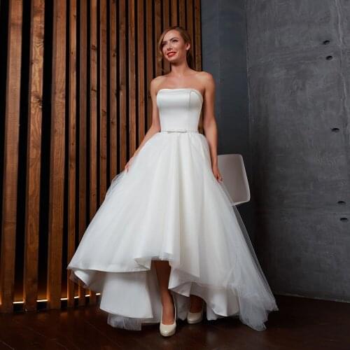 High Low Simple Wedding Dresses Elegant Robe Mariage Femme Strapless Neck Lace Up None Train Bow White Bridal Gowns Matrimonio