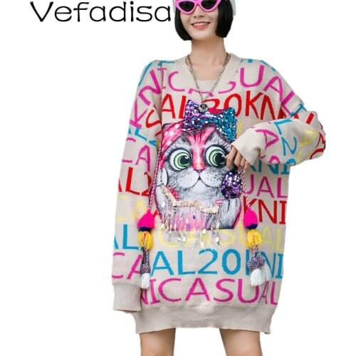 Letter Print Pullover Knitted Cartoon Sequin Women Sweater 2021 Spring Autumn Winter Thick Tassel Knitted Coat Loose QYF4296