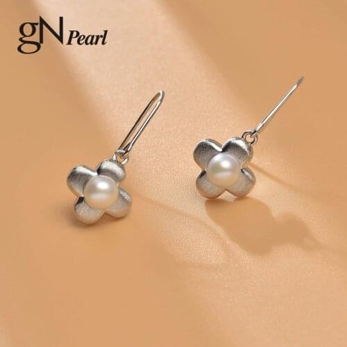 GN Pearl 925 Silver Drop Earrings Hook gNPearl Genuien 5-6mm White Natural Freshwater Pearl Earring Fine Jewelry for Women Gift