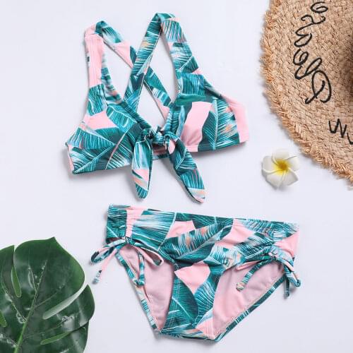 Tropical Leaf Print Girl Swimsuit Kids 7-14Y Girl Bikini Set Bow Tie Two Piece Childrens Swimwear Cross Back Girls Bathing Suit