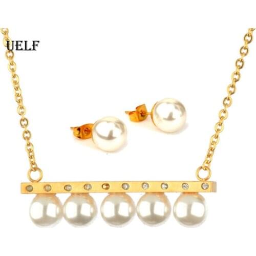 UELF Vintage Imitation Pearl necklace Gold jewelry set for women Clear Crystal Elegant Party Gift Fashion Costume Jewelry Sets