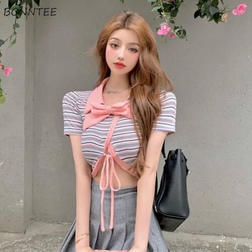 T-shirts Women Sweet Maiden Striped Bow Decoration Sexy Skinny Crop Top Retro Ladies Turn-down Collar Tee Hot Girls Clothing Ins